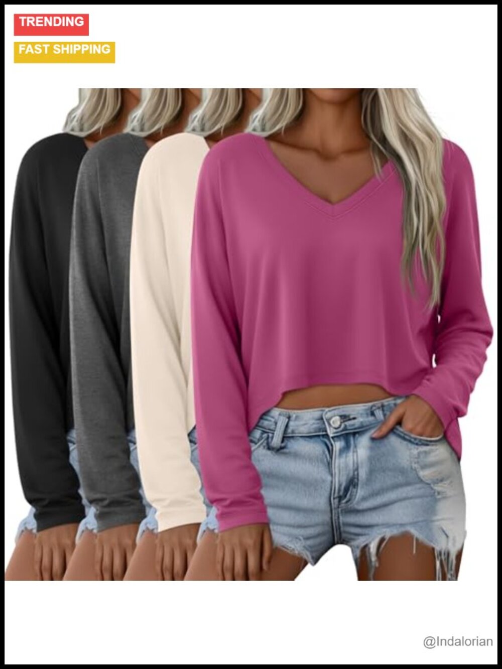 Oversized Crop Top V-Neck Long Sleeve Irregular Hem Pullover Tee